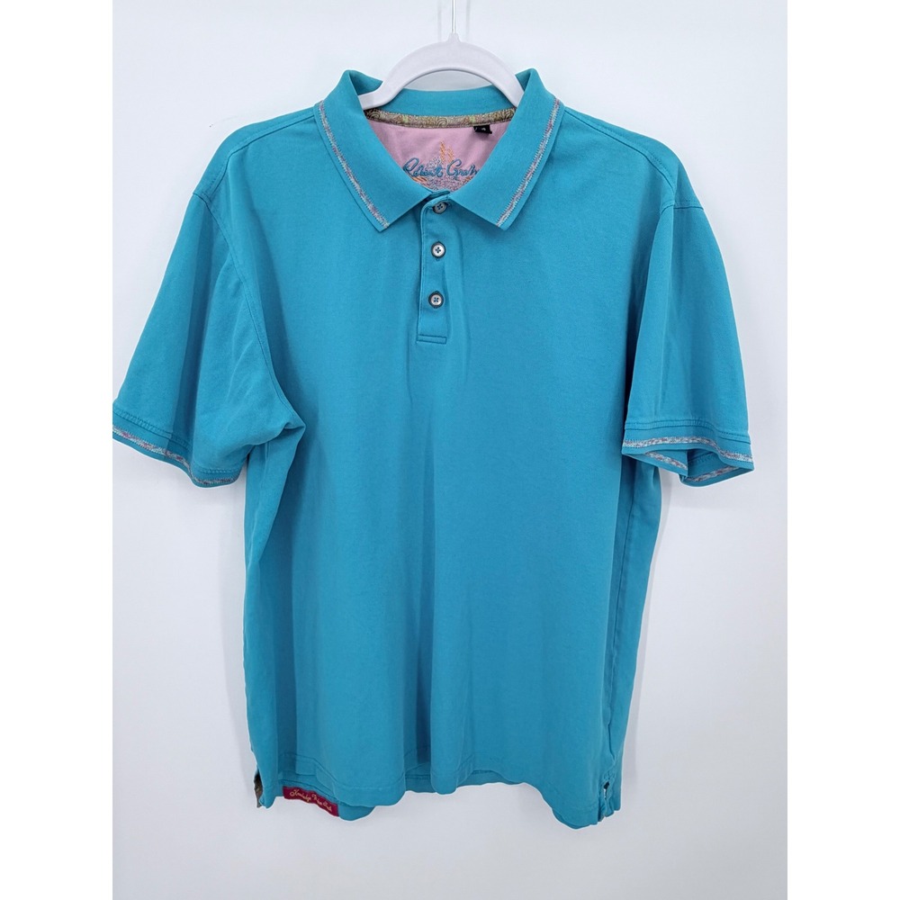 Robert Graham Polo Shirt Mens L Turquoise Blue Paisley Trim Cotton Short Sleeve